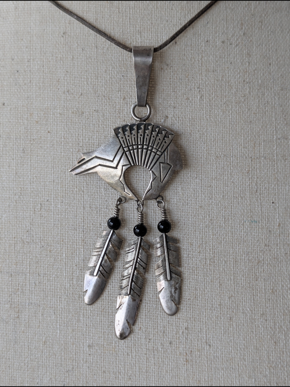 Vintage Myron Panteah Sterling Native American Bear & Feather Pendant + 24"Chain
